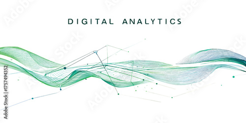 Futuristic abstract background with a green wave of data particles and lines