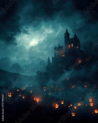 Scary halloween haunted castle poster, digital background