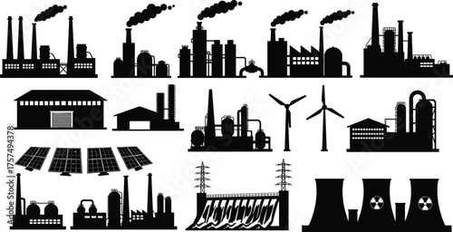 Industrial energy facility silhouettes, factory and refinery icons, renewable power illustrations, solar panels, wind turbines, hydroelectric dam, nuclear plant design