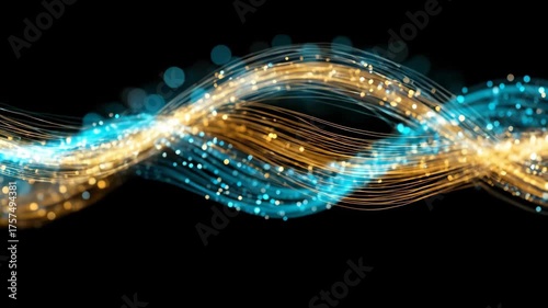 Dynamic Abstract Animation of Intertwined Cyan and Golden Light Streams with Shimmering Particles, Symbolizing Data Flow