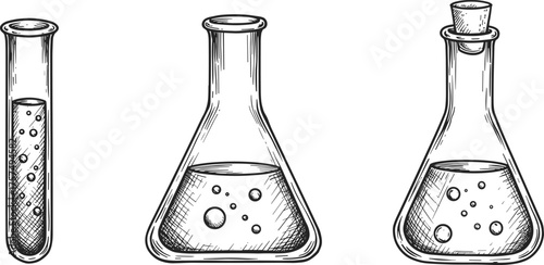 Laboratory glassware illustration, test tube with bubbles, Erlenmeyer flask vector, Florence flask design, chemical experiment artwork, educational science equipment graphic