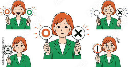 Professional Woman Illustration Diverse Emotions and Feedback Display with Universal Decision Symbols for Agreement, Disagreement, Caution, and Surprise