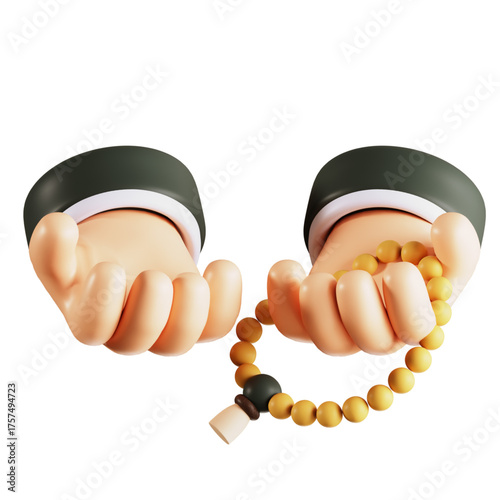 3D rendered illustration of hands gently holding traditional prayer beads, symbolizing spiritual devotion, contemplation, and peaceful reflection on a pristine background