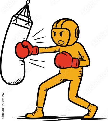 Yellow boxer in red gloves hits punching bag boxing