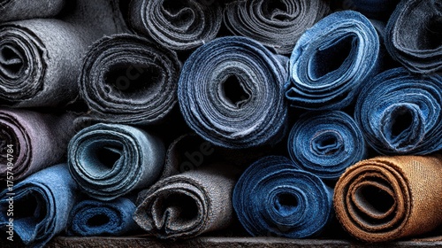 Textured Fabric Rolls Stacked: Indigo, Grey, and Brown Denim Textiles Displaying Rich Weave and Craftsmanship