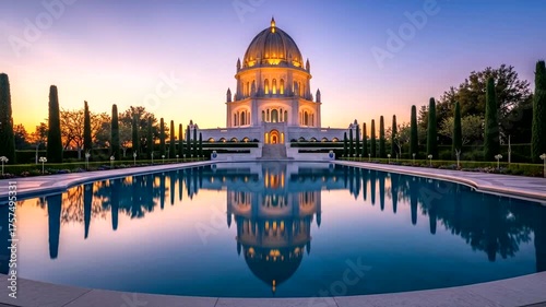 Serene Sunset Reflection of a Grand Temple by a Tranquil Pool