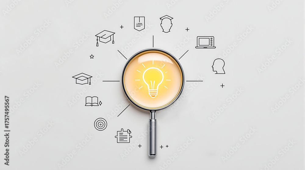 Fototapeta premium Education and learning concept with lightbulb and magnifying glass for knowledge and skill development
