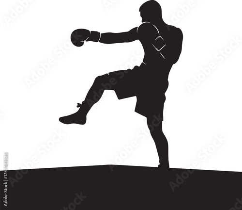 Silhouette of a kickboxer performing a powerful muay thai roundhouse kick in athletic stance