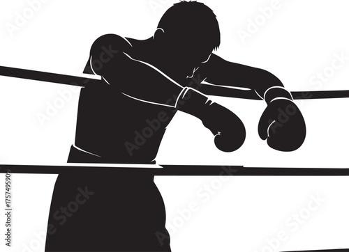 Silhouette of a tired boxer leaning on the ropes in a boxing ring after a fight