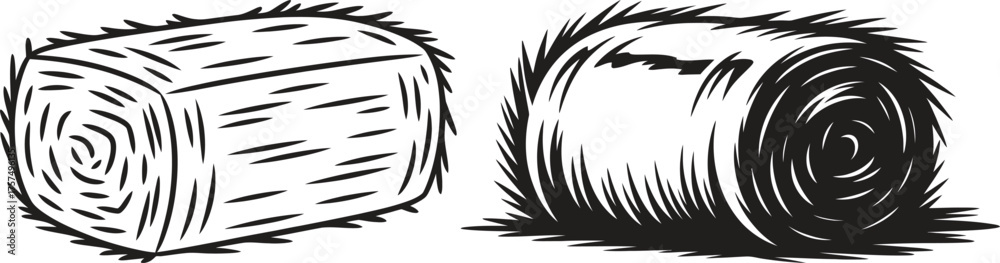 Obraz premium Hand drawn illustration of two hay bales one square one round