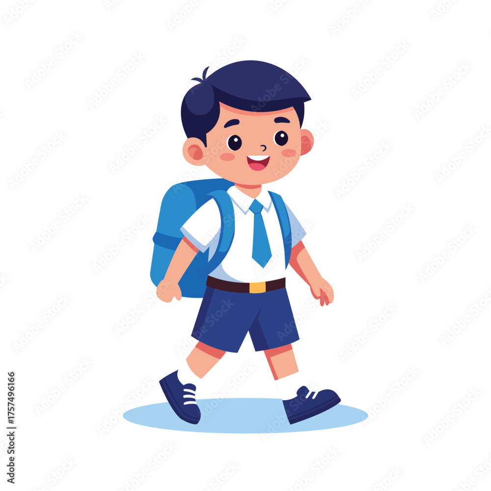 Fototapeta premium Cute Boy Walking to School Cartoon Illustration