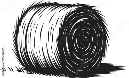 Black and white sketch of a round hay bale on a field
