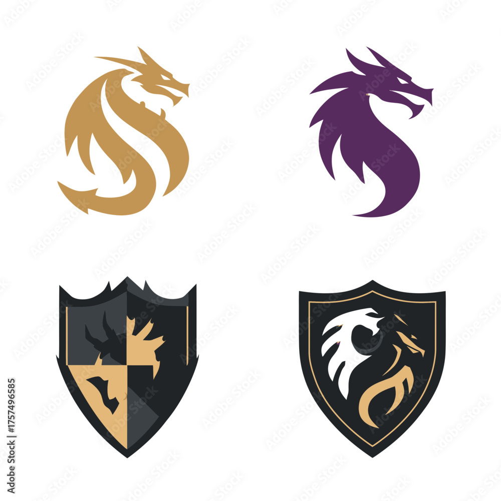 Obraz premium Collection of stylized dragon logo designs and heraldic shield emblems with mythical creature illustrations for fantasy branding