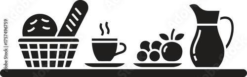 Simple silhouette of a breakfast spread with bread coffee fruit and pitcher