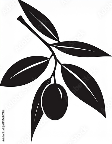 Olive branch with leaves and fruit in simple black silhouette design, ideal for culinary themes and natural motifs