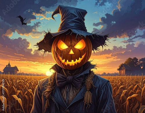 Scarecrow with glowing pumpkin head stands in a cornfield at sunset with a dramatic sky
