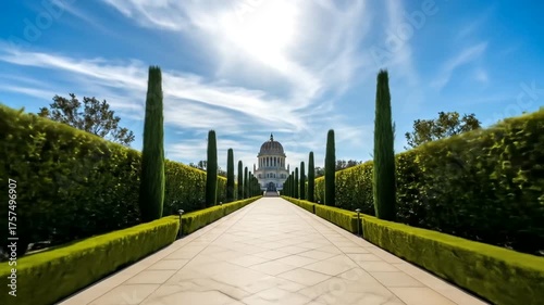 Serene walkway lined with cypress trees leading to a grand dome under a bright sky