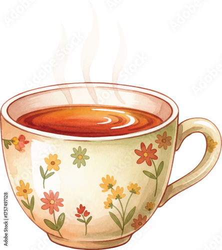 Watercolor Illustration of Hot Tea Cup with Floral Pattern Detail