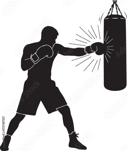 Dynamic silhouette of a boxer training punching a heavy bag workout fitness