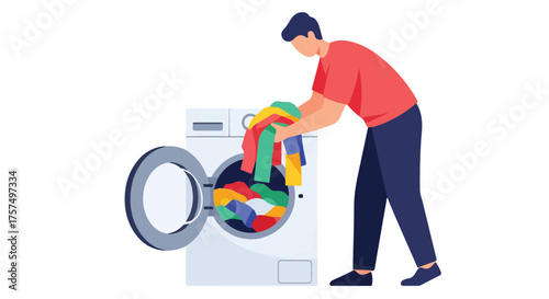 Man loading colorful clothes into a washing machine for laundry, showcasing a modern domestic chore in a clean and bright illustration style