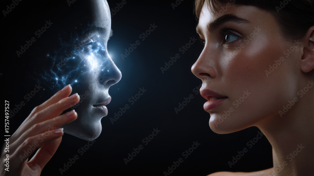 Fototapeta premium Human ai collaboration portrait of woman facing digital face with glowing neural connection expressing wonder