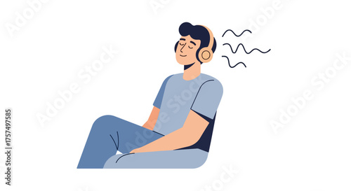 Young man with eyes closed wearing headphones and listening to music, relaxing and enjoying the sound waves, isolated on white background