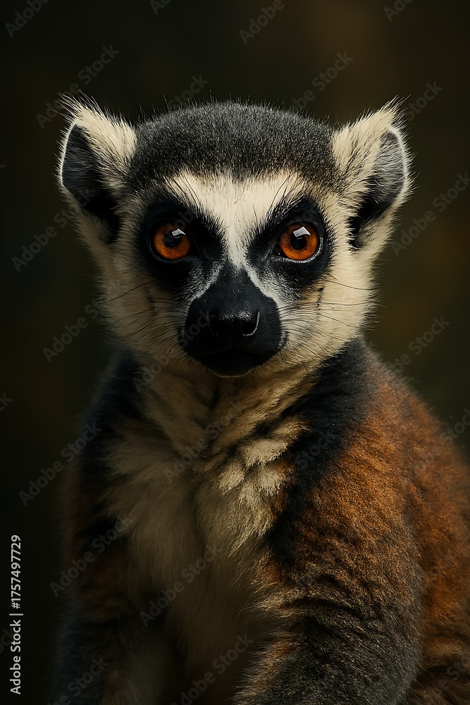Naklejka premium Portrait of a ring-tailed lemur with striking amber eyes, looking directly at the viewer with a curious expression.
