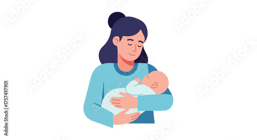 Illustration of a mother gently holding her newborn baby close, capturing the tender bond and love between parent and child in a heartwarming depiction of family life