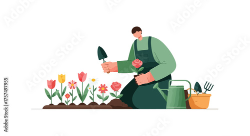 Man planting flowers in a garden with watering can and gardening tools, illustrating a hobby and connection with nature for spring and summer activities