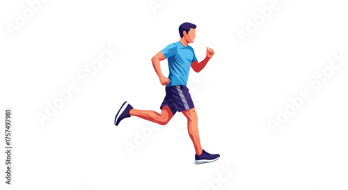 Athletic man in blue t-shirt and shorts running with determination, symbolizing fitness, exercise, and a healthy lifestyle, captured in a dynamic illustration