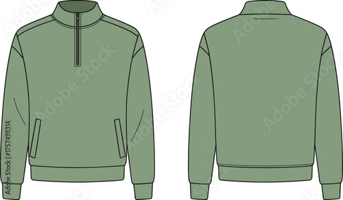 Apparel Technical Flat Sketch of a Long Sleeve Quarter-Zip Pullover, Featuring Front and Back Views, with Stand Collar and Welt Pockets, CAD Vector Template.