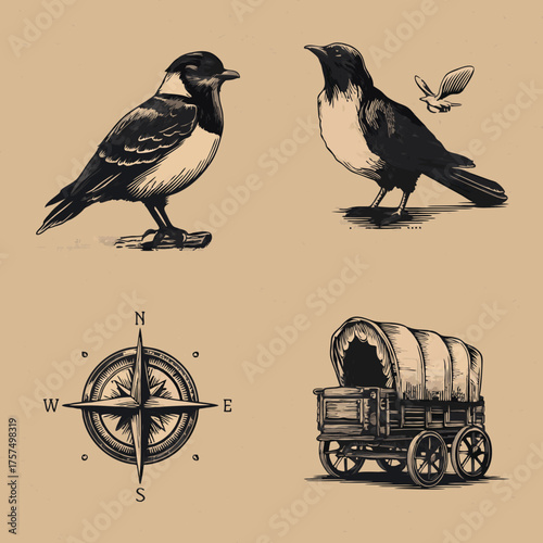 Vintage illustration set: rustic birds, antique compass rose, and covered wagon on a warm beige background, perfect for travel and nature themes.