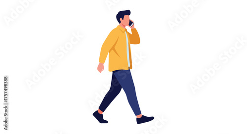 A man in a yellow shirt and blue pants walking while talking on his mobile phone, isolated on a white background, vector illustration style