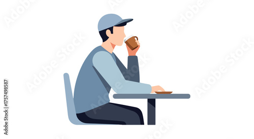 Illustration of a man wearing a cap sitting at a table and drinking from a cup in a minimalist, flat design style