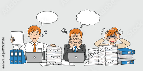 Stressed Professionals Overwhelmed by Workload Cartoon Depiction of Overworked Office Employees