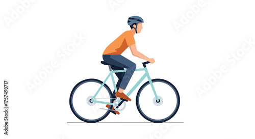 Person in orange t-shirt and blue helmet riding a light blue bicycle on a white background, side profile view, cycling for exercise or transportation, active lifestyle