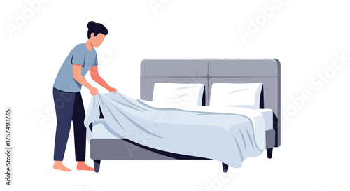 Woman making a bed with white sheets and pillows, tidying up the bedroom, and maintaining household cleanliness and order