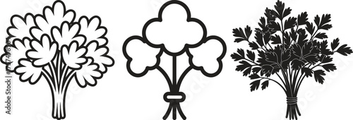 Three stylized illustrations of leafy branches in black and white