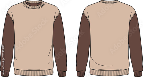 Technical Fashion Flat Sketch of a Two-Tone Raglan Sleeve Sweatshirt, Featuring Front and Back Views, with Ribbed Cuffs and Hem, Vector Outline Template.