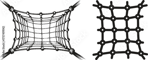 Two views of a black safety net with square openings and reinforced knots