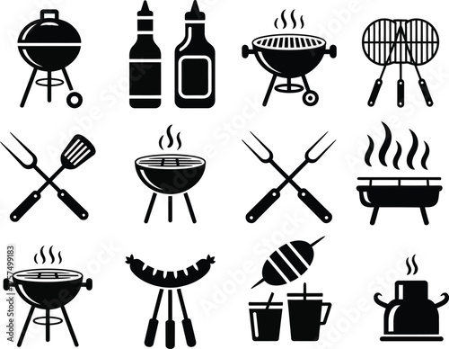 Barbecue grills sauces utensils and food icons set for outdoor cooking and grilling events