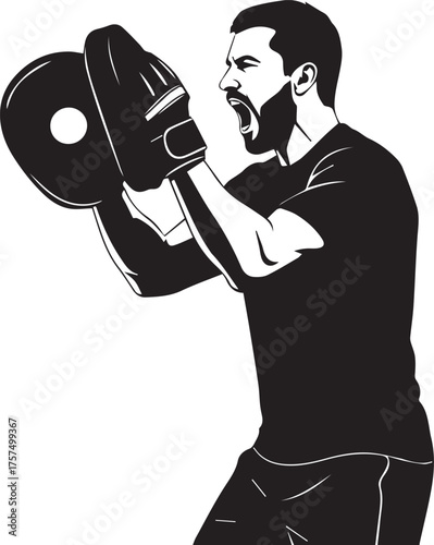 Intense boxer training with focus mitts for powerful punches and combat sports