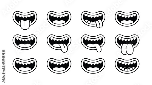 Cartoon mouths with teeth and tongues in various expressions arranged in a grid on white background on transparent background silhouette