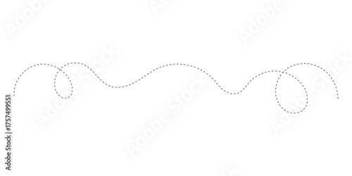 Hand drawn curve dotted line. Curly dotted line. Long dashed hand drawn squiggle. Dotted spiral curve line. Vector illustrator