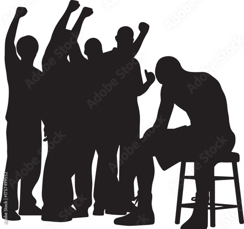 Silhouette of boxer sitting defeated amidst celebratory crowd with raised fists