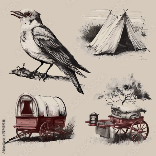 Vintage Outdoor Adventure Illustrations: Perched Bird, Classic Canvas Tent, Covered Wagon, and Rustic Traveling Cart Set