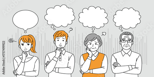 Diverse group of people deep in thought with blank speech bubbles above their heads, contemplating ideas and questions