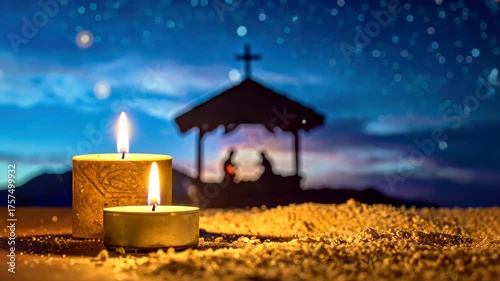 Christmas candles illuminating nativity scene under starry night sky.