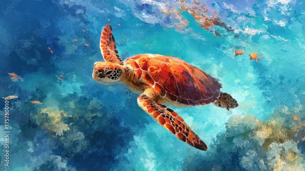 Fototapeta premium Artistic Sea Turtle Swimming in Turquoise Waters, Oil Painting Style.