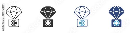 Parachute with medical supply icon set, Medical box delivery icon , vector illustration. 